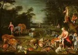 Landscape with Diana after the Hunt by Jan Brueghel the Younger, circle of Hendrick van Balen, circle of, Oil on panel (parquetted), sold Nov 2017
