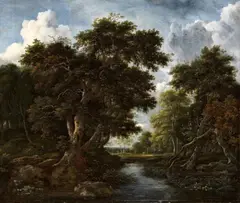 Jacob van Ruisdael, Wooded Landscape with Hunters and a River, Oil on canvas (relined)