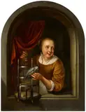 Young Woman with a Parrot in a Window by circle of Gerrit Dou, Oil on panel, sold Nov 2017