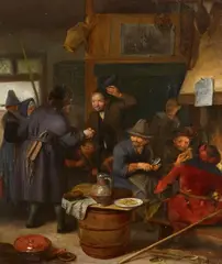 Richard Brakenburgh, Rustic Company with Mother and Child Kitchen Scene with Peasants Eating, Oil on panel. Each