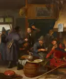 Richard Brakenburgh, Rustic Company with Mother and Child Kitchen Scene with Peasants Eating, Oil on panel. Each
