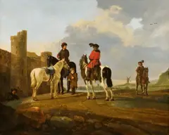 Aelbert Cuyp, Riders at Rest by Burg Ubbergen, Oil on panel (parquetted)