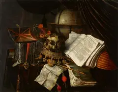 Vanitas Still Life with a Jewellery Box, Skull on a reversed Crown, a Globe, and a Lute by Edwaert Collier, Oil on panel (parquetted), sold Nov 2017