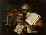 Edwaert Collier, Vanitas Still Life with a Jewellery Box, Skull on a reversed Crown, a Globe, and a Lute, Oil on panel (parquetted)
