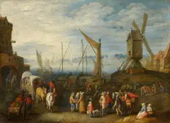 Joseph van Bredael, Harbour Scene with a Mill, Oil on panel
