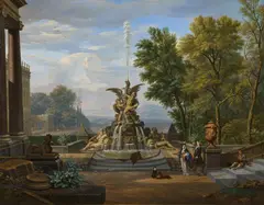 Isaac de Moucheron, Southern Park Landscape with a Fountain and Courting Couple, Oil on canvas (relined)