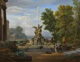 Isaac de Moucheron, Southern Park Landscape with a Fountain and Courting Couple, Oil on canvas (relined)