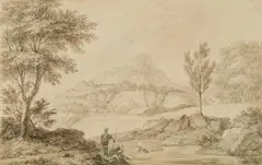 attributed to Herman van Swanevelt, River Landscape with Two Travellers, Grey and brown ink and wash on textured paper (watermarked)