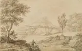 attributed to Herman van Swanevelt, River Landscape with Two Travellers, Grey and brown ink and wash on textured paper (watermarked)