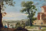 German School 17th & 18th century, Southern Landscape with Ruins and Figures, Gouache on parchment
