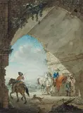 Johann Georg Pforr, Rider under an Archway, Black chalk and ink, watercolour