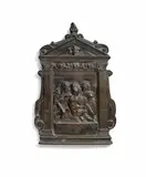 A North Italian bronze pax panel, 1st quarter 16th century by Northern Italy 1st quarter 16th century, Older patina. Formed as a stylised Renaissance altarpiece depicting the Virgin and St. John supporting the body of Chris, offered Nov 2017