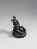 A bronze figure of a seated man by attributed to Jacopo Sansovino (Jacopo d´Antonio Tatti), Older patina. Designed in the round for a frontal viewpoint. Depicting a recumbent figure of a bearded older man with a , sold Nov 2017