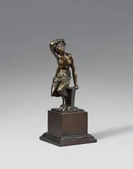 Pietro Tacca, A patinated bronze figure of a female satyr, A depiction of a nude satyr with vine leaves draped around her waist, seated on a moulded plinth. The bronze caster and sculptor Pietro Tacca arrived in Florence in 1592 where he first worked in the studio of Giovanni Bologna and later took over the running of his house and foundry following the master's death in 1608. Tacca was named court sculptor to the grand duke in 1609. Mounted on a wooden plinth