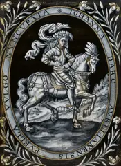 Limoges after 1612, A Limoges enamelled copper panel depicting Joan of Arc, after 1612, This depiction of the armoured Joan of Arc on horseback appears to follow a copperplate engraving created by Léonhard Gaultier as an illustration to Jean Hordal's book "Heroinae nobilissimae Ioannae Darc Lotharingae vulgo Aurelianensis Puellae Historia", which was published in 1612 by Melchior Bernard in Pont-à-Mousson. Minimal wear and scratches. Mounted in a wooden frame under glass