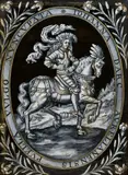 Limoges after 1612, A Limoges enamelled copper panel depicting Joan of Arc, after 1612, This depiction of the armoured Joan of Arc on horseback appears to follow a copperplate engraving created by Léonhard Gaultier as an illustration to Jean Hordal's book "Heroinae nobilissimae Ioannae Darc Lotharingae vulgo Aurelianensis Puellae Historia", which was published in 1612 by Melchior Bernard in Pont-à-Mousson. Minimal wear and scratches. Mounted in a wooden frame under glass