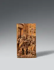 Probably Flemish dated 1645, A presuambly Flemish carved boxwood relief of Lot and the Angels, dated 1645, With remains of former polychromy to the left side. This fine high relief, dated 1645 to the lower left corner, closely follows the composition of a copperplate engraving made in 1555 by the German artist Heinrich Aldegrever (Bartsch 14). Mounted on a flat wooden panel. Minimal wear