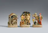 Anton Sohn, Clay Figures after the Zizenhausen Danse Macabre, Flattened to the reverse, with original polychromy. Twenty-one figures from the fourty-two figure series first modelled in 1822. The figures follow the prints by Matthäus Merian the Elder first published in 1623 after the frescoes of the cemetary walls of the Dominican Abbey in Basel. Alongside the Fall of Man with Adam and Eve and the House of Bones, this series also includes the figures of death dancing with the pope, the emperor, the empress, a cardinal, a duke, duchess, knight, councillor, canon, doctor, cripple, youth, piper, executioner, chandler, jew, heathen man, heathen woman, and peasant. The plinths bear glued on paper inscriptions with the accompanying texts. Minimal wear and glued repairs. Height 13-