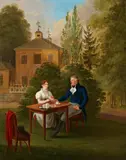German School, Coffee on the Green, Oil on panel