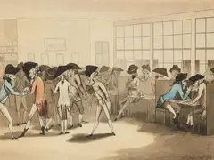 J. Fry, Visitors at the Café d'Orange, Ink drawing with watercolour wash on wove paper Signed and dated lower left: J. Fry, Inv. et Del.
