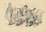 Josef Benedikt Engl, Dachauer Caféhausszene - Design Sketch for Simplicissimus, Ink with black chalk and watercolour on cream-coloured card