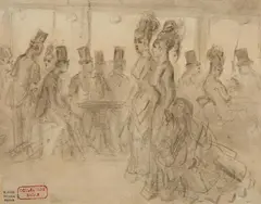 Constantin Guys, Devant la Terrasse du Café, Ink wash and pencil drawing on chamois coloured wove paper
