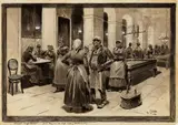 Moritz Ledeli, Coffee Houses of Vienna, Ink wash drawings with opaque white on sturdy beige card, mounted on passepartout Each signed lower right: M. Ledeli