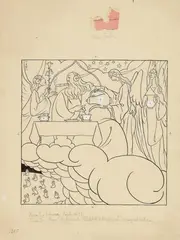 Thomas Theodor Heine, Untitled, Ink drawing over pencil and opaque white on beige wove paper with pink paper scrap as a colour sample. Monogrammed and inscribed with pencil. With signs of age, creases, and small pin holes to the corners