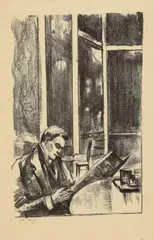 Lesser Ury, Zeitungsleser im Kaffee, Original lithograph on simple brownish paper Signed. Minor creases to the upper corners. The paper slightly trimmed