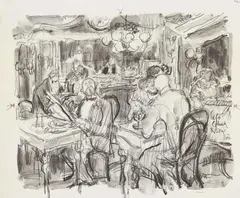 Kurt Löb, Café [illegible] huk, Pencil and ink wash drawing on cream coloured card Signed and titled. Irregularly trimmed to parts of the margins and with damage to the surface of the paper in the margins. Mounted to the mat on the upper corners