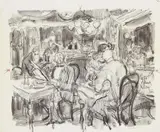 Kurt Löb, Café [illegible] huk, Pencil and ink wash drawing on cream coloured card Signed and titled. Irregularly trimmed to parts of the margins and with damage to the surface of the paper in the margins. Mounted to the mat on the upper corners