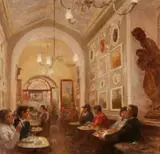 Attilio Melo, Venezia "Il Caffé Florian a Carneval" / Roma "Caffé Greco" "L' omnibus", 2 works: oil on canvas Signed, dated and additionally titled on the reverse