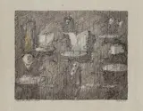 Paul Flora, Agenten Café, Düster, Ink and coloured pencil drawing on laid paper Signed, dated, and titled. Mounted to the mat on the upper corners