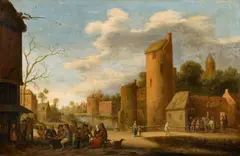 Joost Cornelisz Droochsloot, Landscape with a Fortified Town and Peasants by a Tavern, Oil on panel