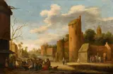 Joost Cornelisz Droochsloot, Landscape with a Fortified Town and Peasants by a Tavern