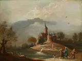 Flemish School 17th & 18th century, Small Landscape with a Castle and Figures, Oil on panel
