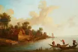 attributed to Franz Hochecker, River Landscape with Fishermen River Landscape by Moonlight, Oil on panel. each