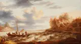 Cornelis Mahu, Seascape with the Calling of Saint Peter, Oil on panel, embedded in a newer panel