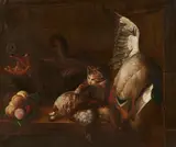 Probably Netherlandish School 18th & 19th century, Still Life with Game, Peaches, and a Cat, Oil on canvas (relined)