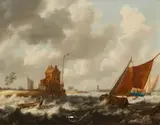attributed to Bonaventura Peeters, Coastal Landscape with Fishing Boats, Oil on panel (parquetted)