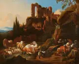 Italian Landscape with a Shepherd and his Cattle at Rest by follower of Johann Heinrich Roos, Oil on canvas (relined), sold Sep 2017