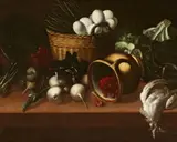Spanish School 17th century, Still Life with a Basket, Fallen Jug, and Vegetables, Oil on canvas (relined)