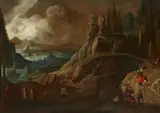 attributed to Tobias Verhaecht, River Landscape with a Bridge and Waterfall, Oil on canvas (edges relined)
