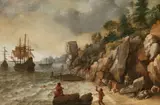 attributed to Isaac Willaerts, Coastal Landscape with Dutch Sailing Ships and a Hunting Scene, Oil on canvas (relined)