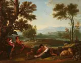 attributed to Jan Thomas van Yperen, Landscape with Shepherds and a Courtship Scene, Oil on canvas (relined)