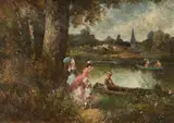 Barbizon, Elegant Company in a River Landscape, Oil on canvas