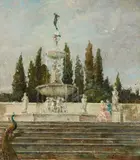 Emma Ciardi, Garden with a Well, Courtly Couple, and a Peacock