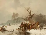 Carl Hilgers, Snowy Scene with a Hunters' Camp, Oil on canvas (relined)