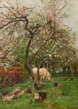 An Orchard in Bloom with Poultry and a Horse by Hugo Mühlig, Oil on panel, sold Sep 2017