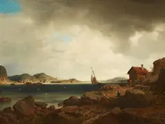 Axel Nordgren, Scandinavian Coastal Landscape with Sailing Ships, Oil on panel, mounted on hardboard